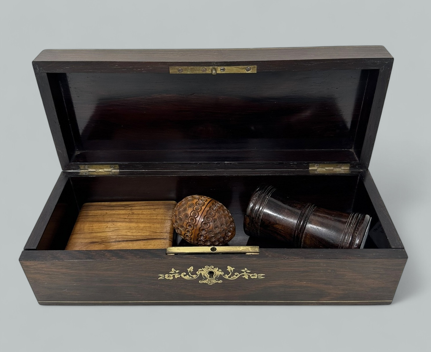 663. Antique Treen Ware Coquilla Nut, Glove Box, Chess Dice Shaker, Lady's Card Case - Image 12