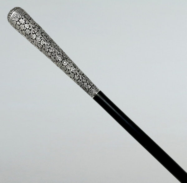 380. Antique Gentlemans Sword Walking Stick Cane Sterling Silver Ebony Wood 19th Cent