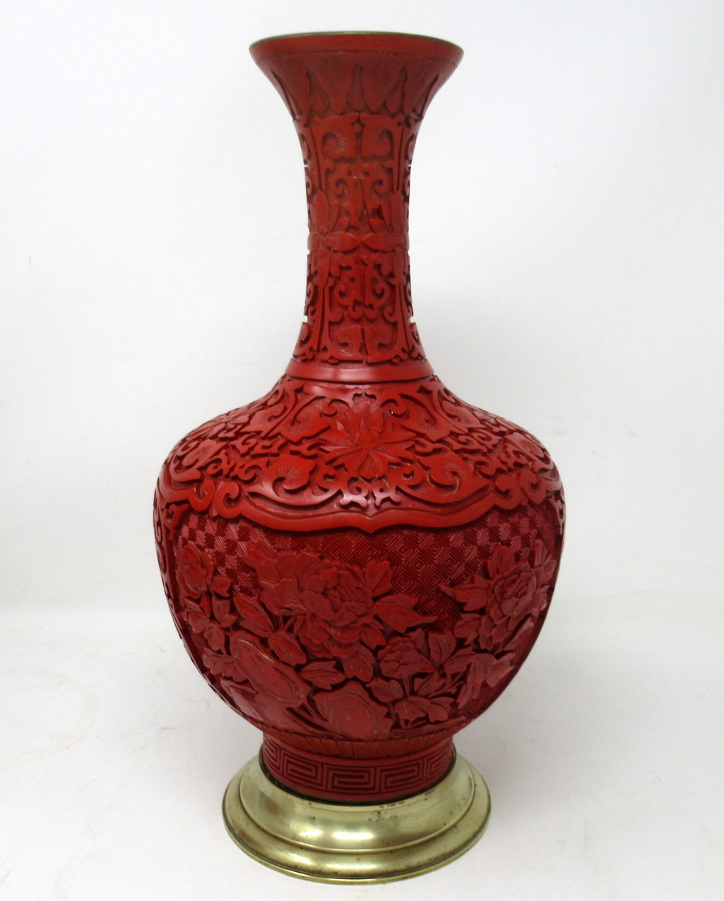 513. Pair Antique Chinese Export Carved Red Cinnabar Vases Urns Guangxu Period - Image 6