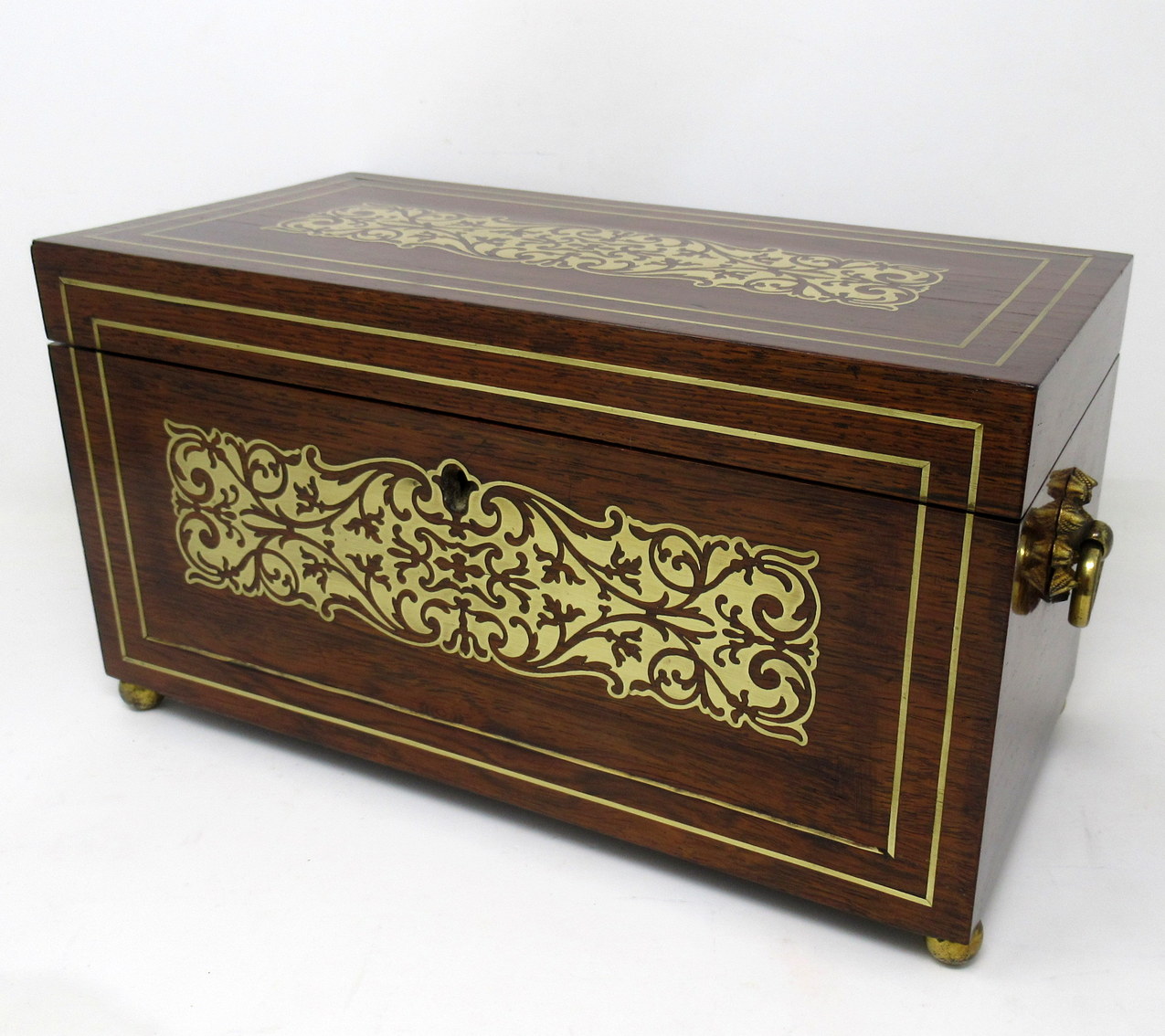 967. Antique Brass Inlaid English Regency Mahogany Double Tea Caddy Box 19th Century - Image 2