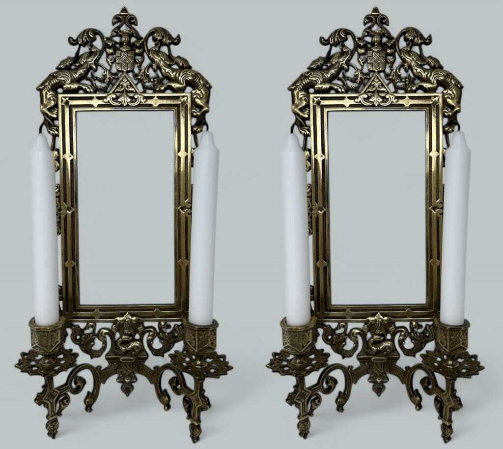 078. Antique Pair French Brass Girandole Wall Applique Sconces Mirrors Candlesticks