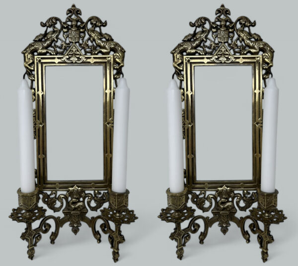 078. Antique Pair French Brass Girandole Wall Applique Sconces Mirrors Candlesticks