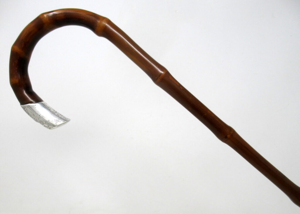454. Antique Bamboo Wooden Walking Stick Cane Sterling Silver Mount Crook Handle 1908