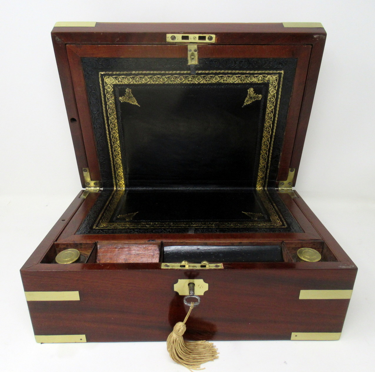 311. Antique Georgian Mahogany Victorian Brass Bound Traveling Writing Slope Box 19Ct - Image 4