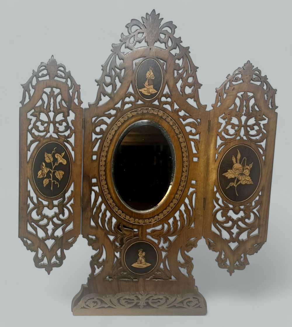 950. Antique Italian Triptych Sorrento Ware Walnut Crutch Oval Folding Mirror 19th Ct - Image 3