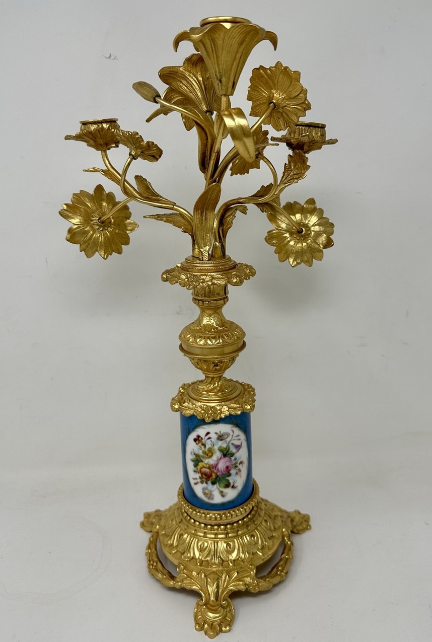 142. Antique Pair French Ormolu Gilt Bronze Sevres Porcelain Candelabras Candlesticks - Image 4