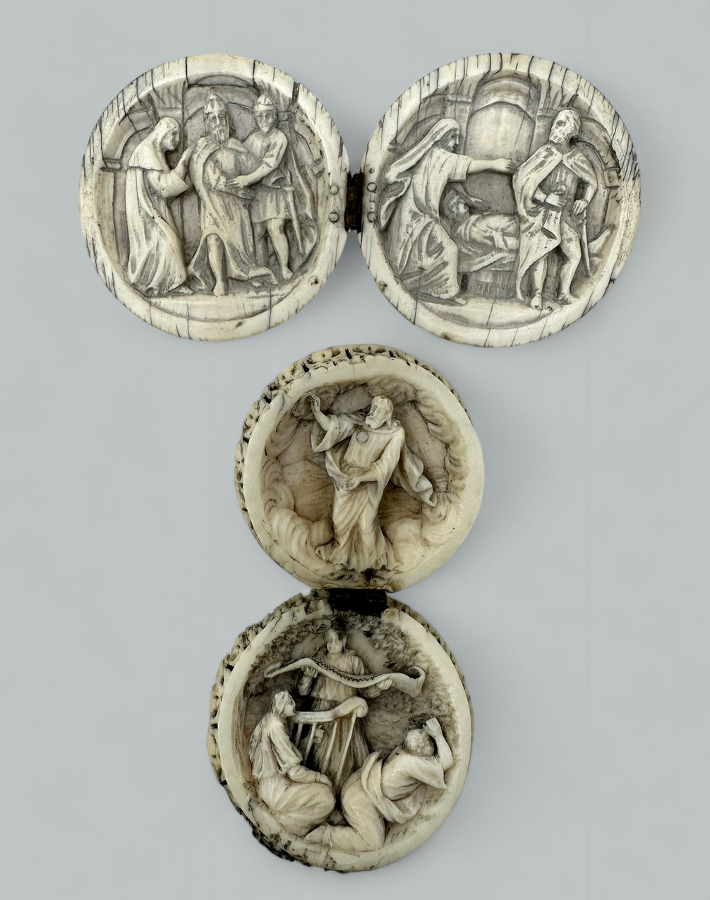 981. Antique Hand Carved Grand Tour Ivory Spheres Diptych Form 19th Century - Image 2