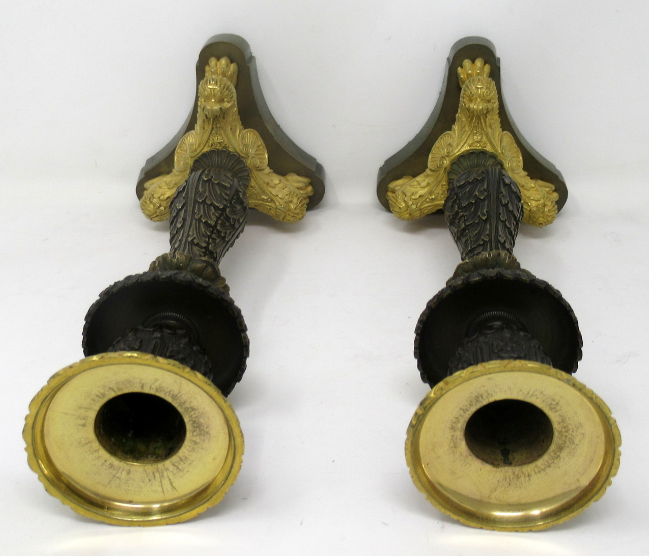 425. Pair of Ormolu Patinated Gilt Bronze Acanthus Empire-Style Candlesticks 19th Ct - Image 12