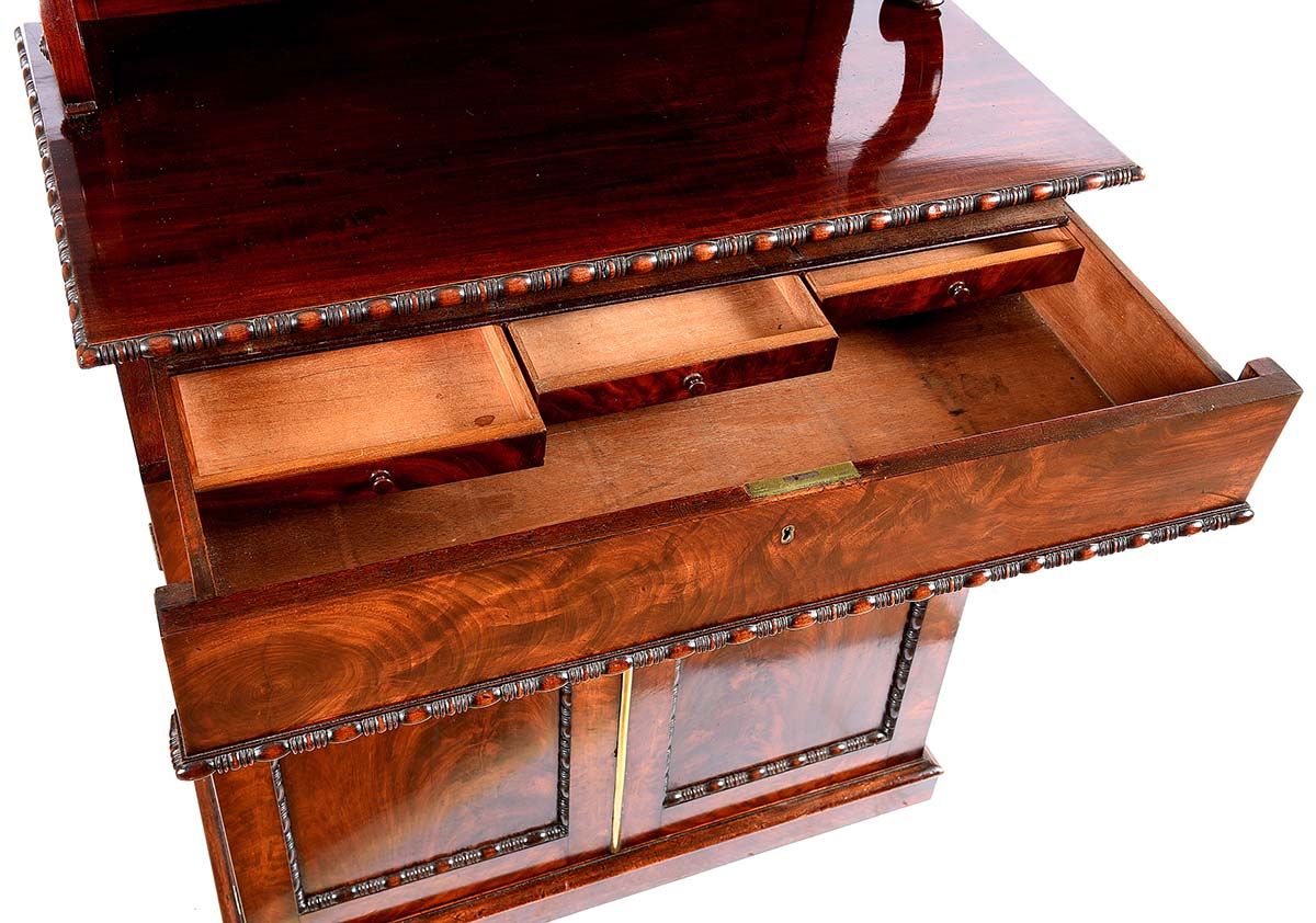 451. Flame Mahogany Twin Door English Carved Chiffonier Sidecabinet Late Regency - Image 3