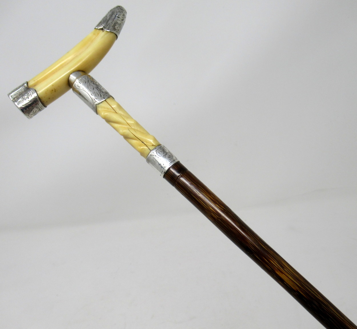 806. Superb Silver Mounted Ivory Boar Tusk Walking Cane Silver Hallmark 1904 - Image 6