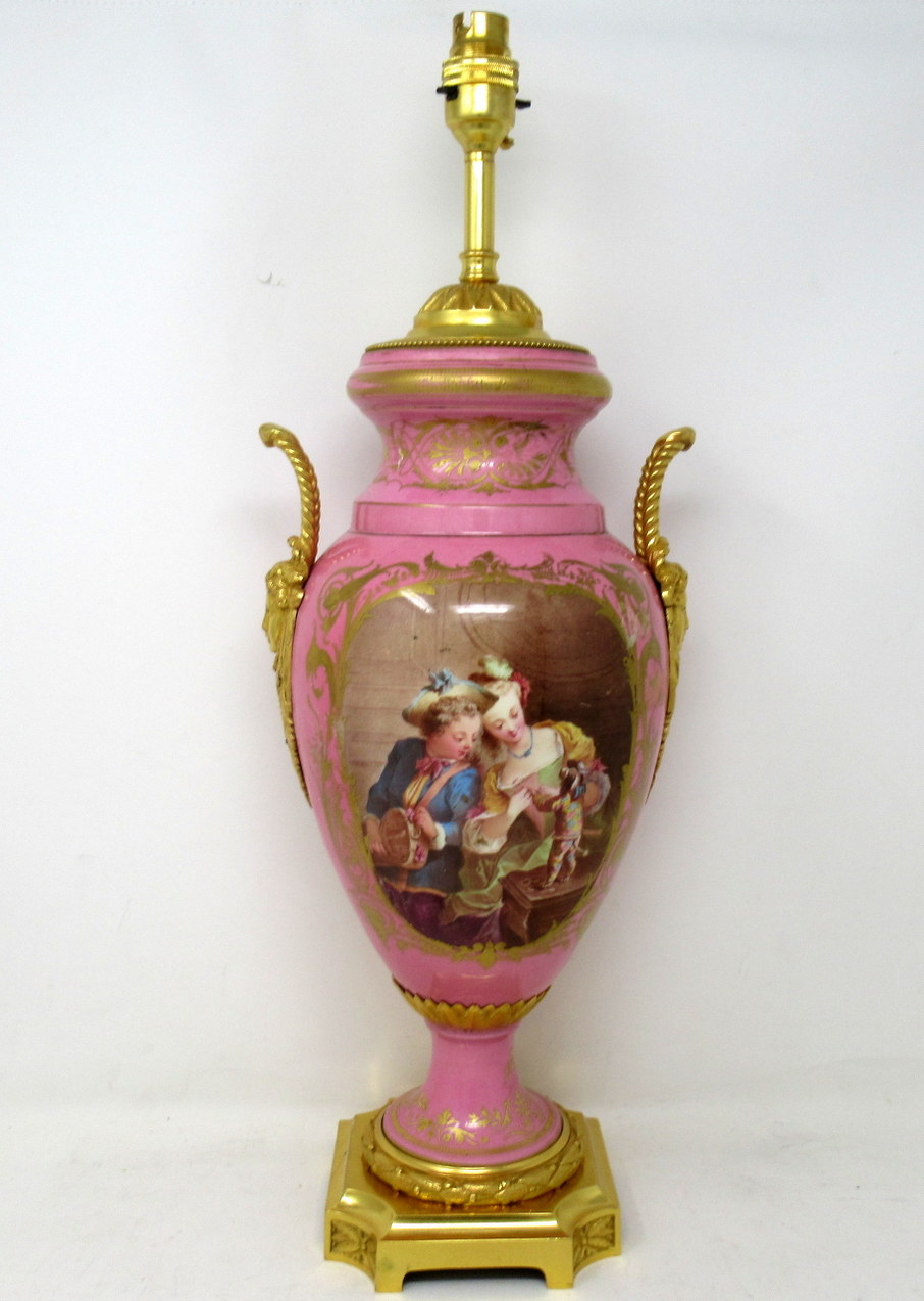 570. Antique French Sèvres Gilt Bronze Porcelain Vase Ormolu Pompadour Pink Table Lamp