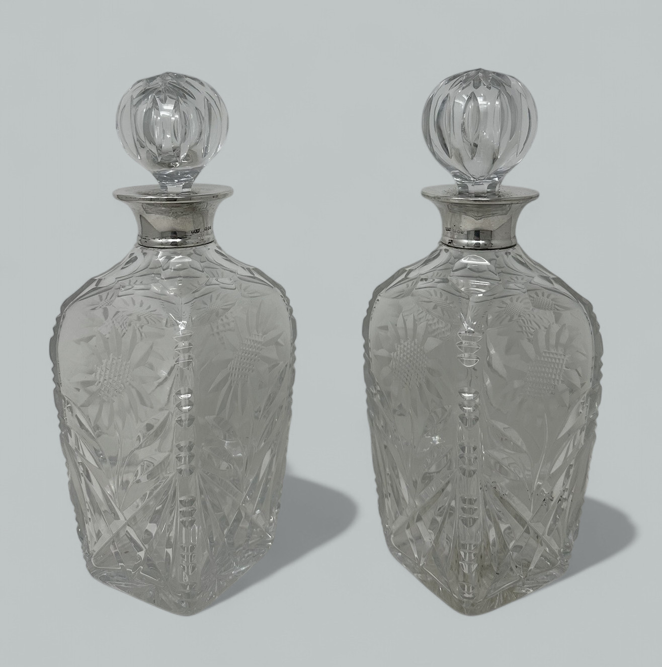 616. Pair Mid Century Full Lead Crystal Sterling Silver Spirits Wine Decanters, 1966 - Image 2