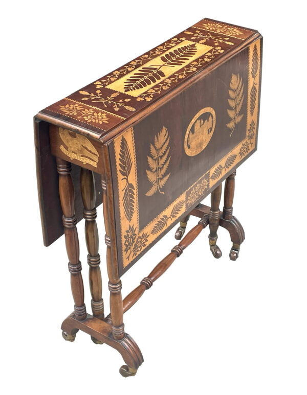 099. Antique Irish Castle Ruins Killarney Killarneyware Arbutus Wood Sutherland Table