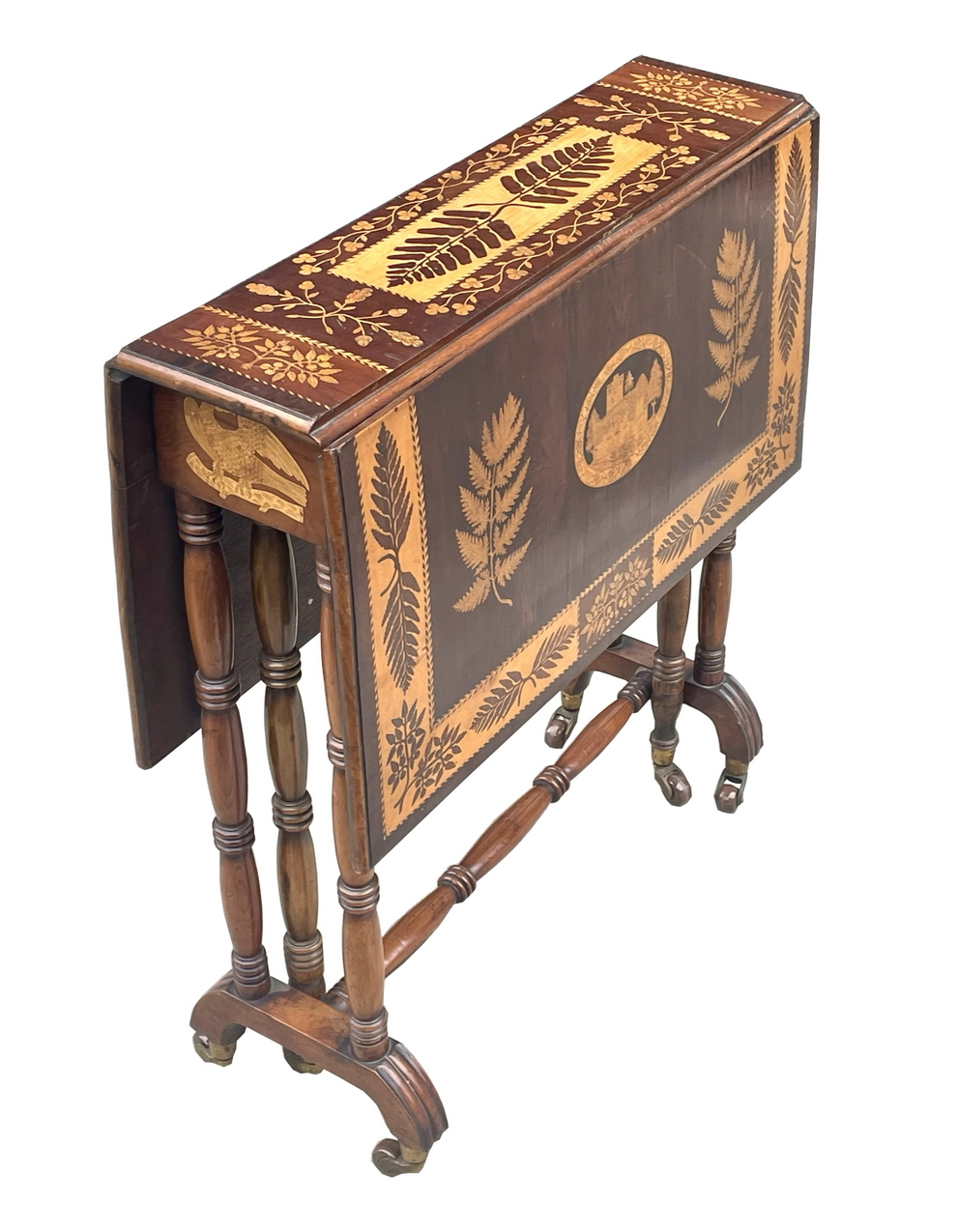 099. Antique Irish Castle Ruins Killarney Killarneyware Arbutus Wood Sutherland Table