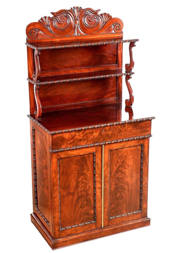 451. Flame Mahogany Twin Door English Carved Chiffonier Sidecabinet Late Regency