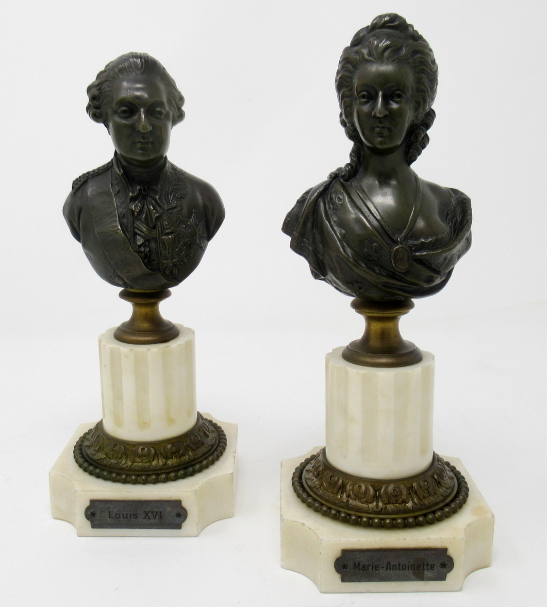 859. Fine Pair Grand Tour French Marble Bronze Busts Marie Antoinette Louis XVI 19Ct