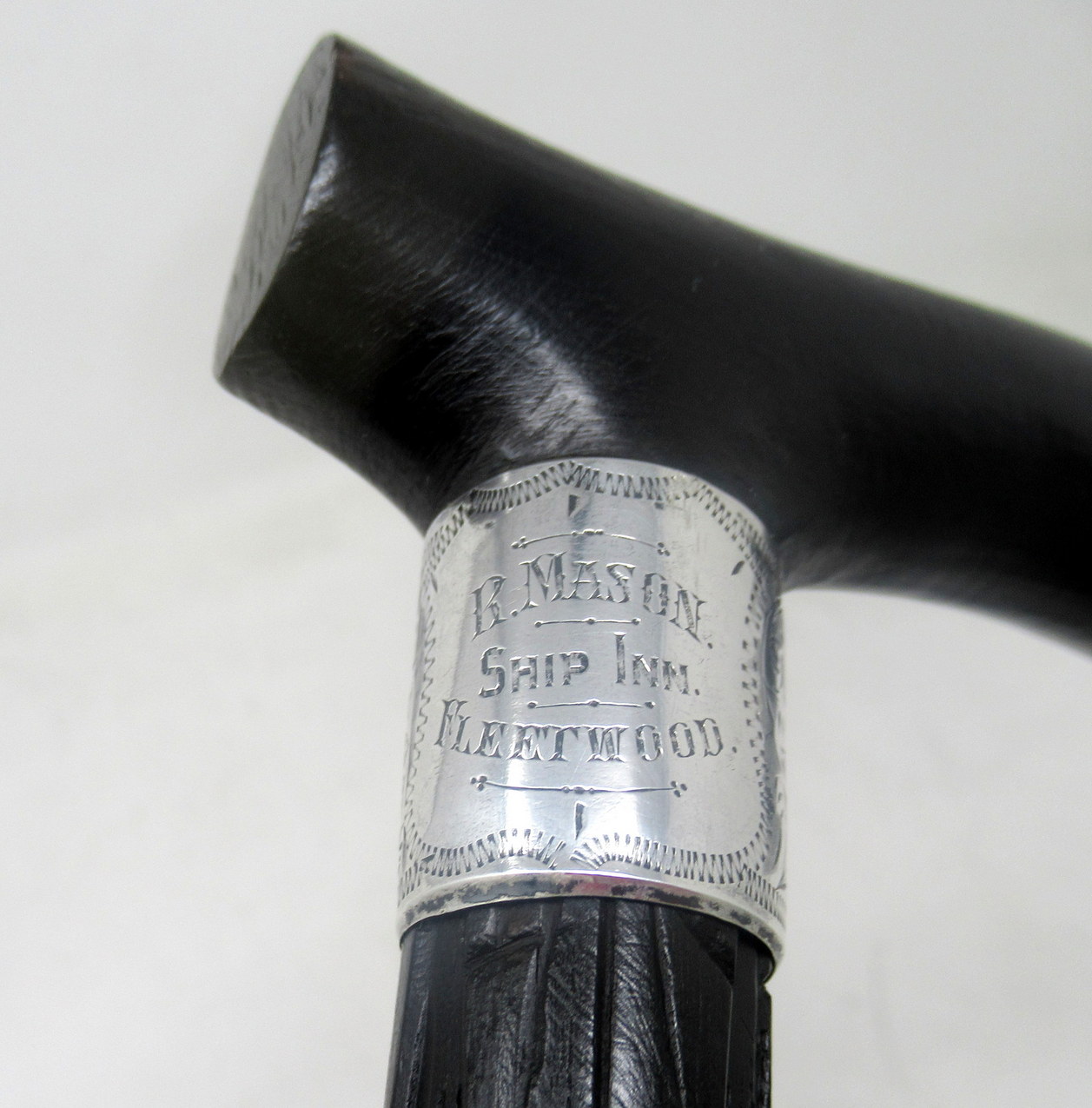 001. Fine Hand Carved Irish Bog Oak Walking Stick Silver Collar Hallmark 1901 - Image 6