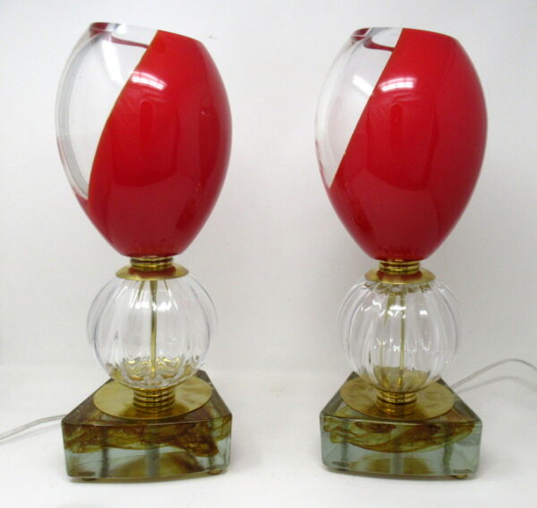 357. Pair Mid Century Italian Murano Glass Lucite Table Lamps Red Crystal Gilt 1950s