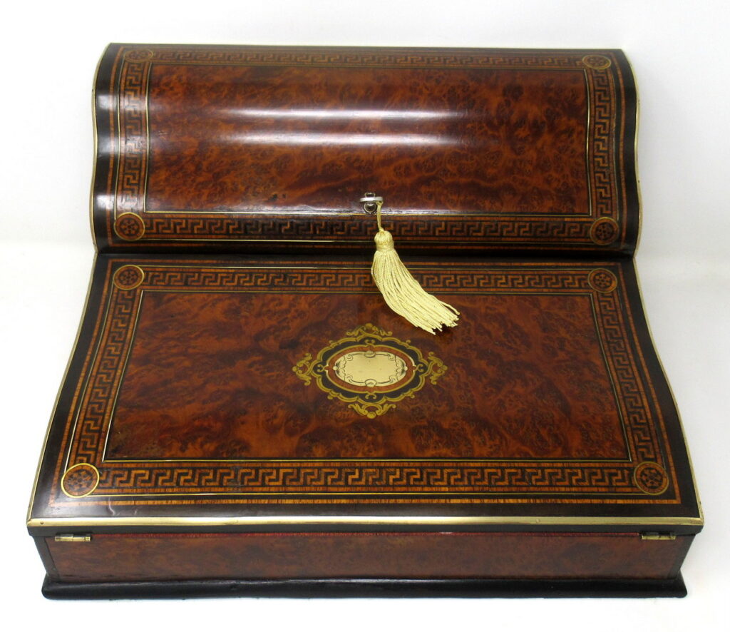 137. Antique Victorian Brass Burl Walnut Traveling Desk Wooden Writing Slope Box 19Ct