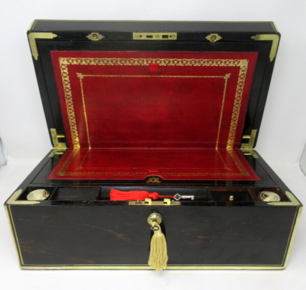 745. Antique Regency Brass Inlaid Coromandel Traveling Desk Wooden Writing Slope Box