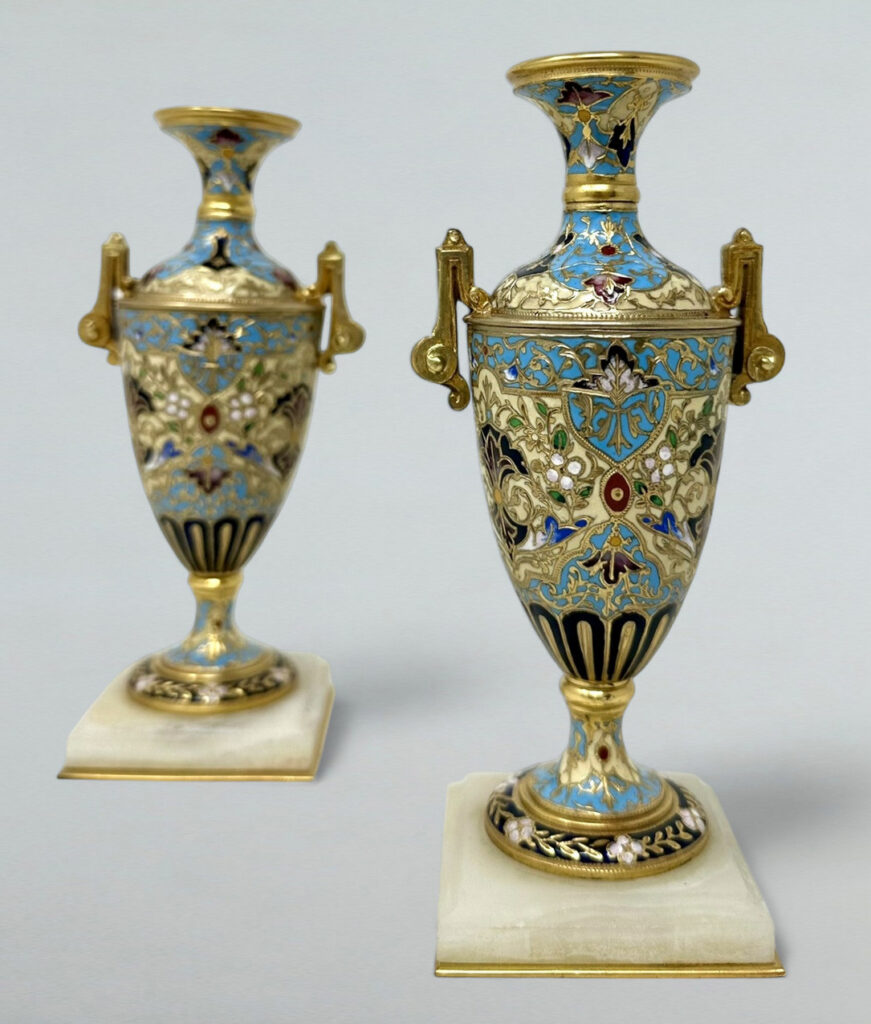 567. Antique Pair French Cloisonne Champlevé Alabaster Ormolu Gilt Bronze Vase Urns