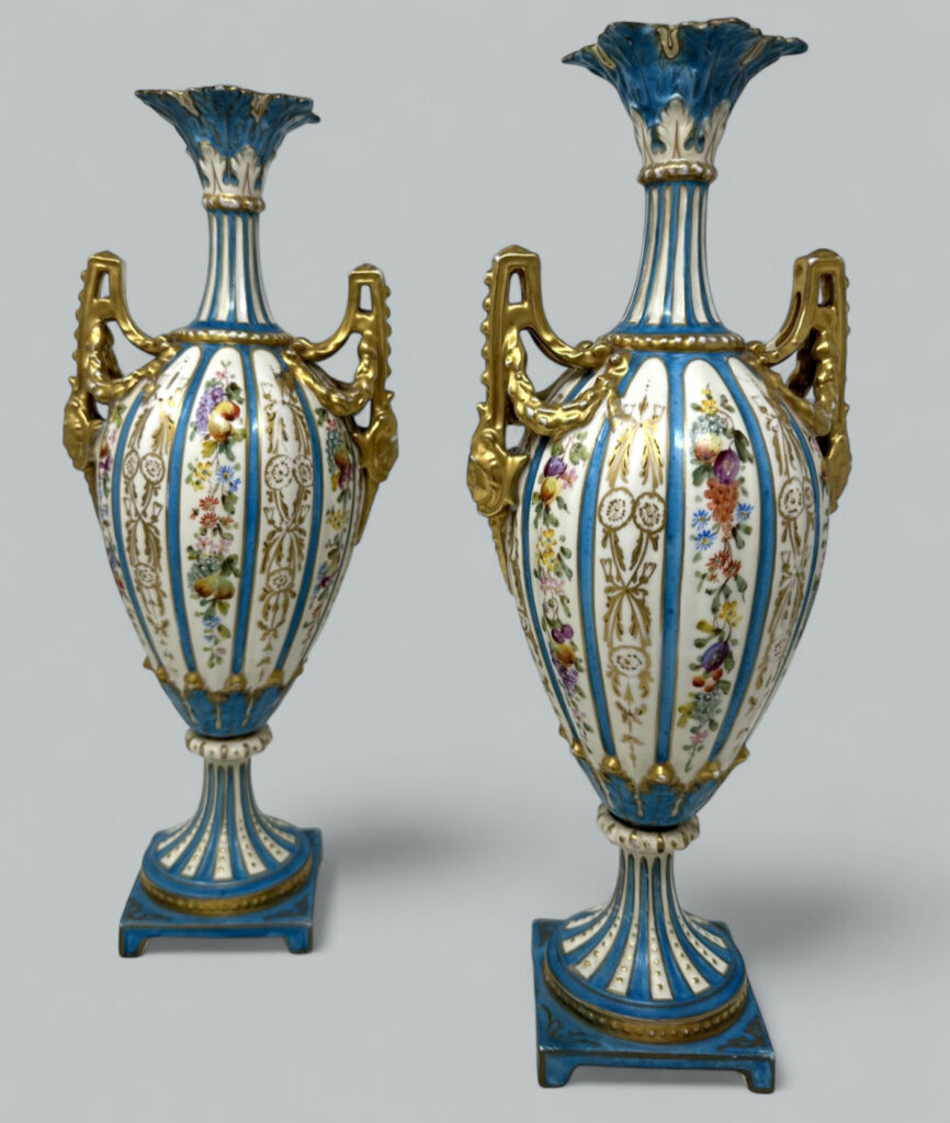 153. SOLD. Antique Pair Sèvres Style German Rudolstadt Hand Painted Vases Urns 19thC Macys
