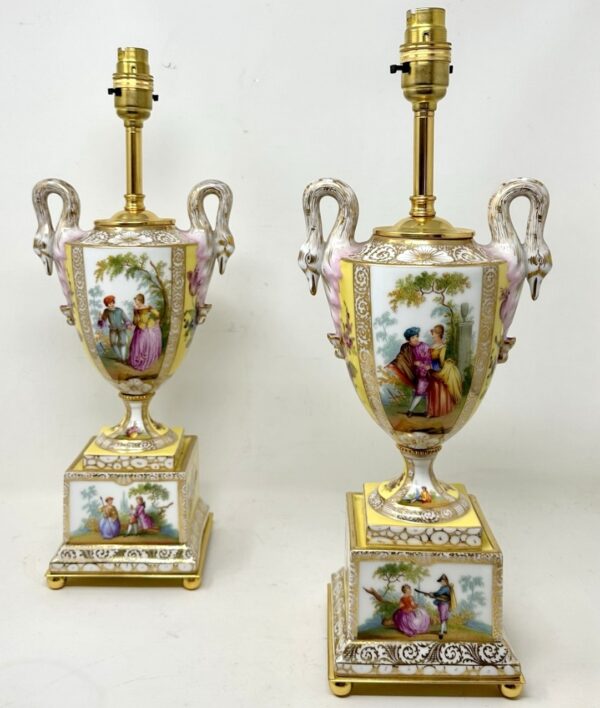 075. Antique Pair Austrian Royal Vienna Beehive Porcelain Gilt Mounted Table Lamps