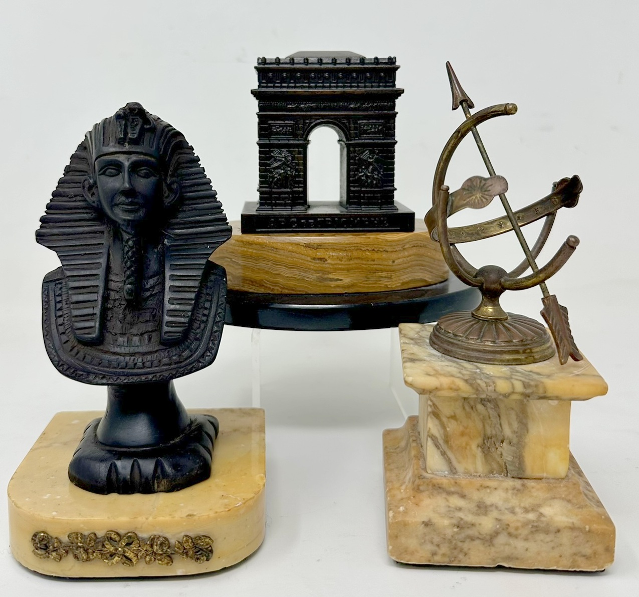 172. Grand Tour French Bronze Arc de Triomphe Egyptian Figure Sundial Sienna Marble