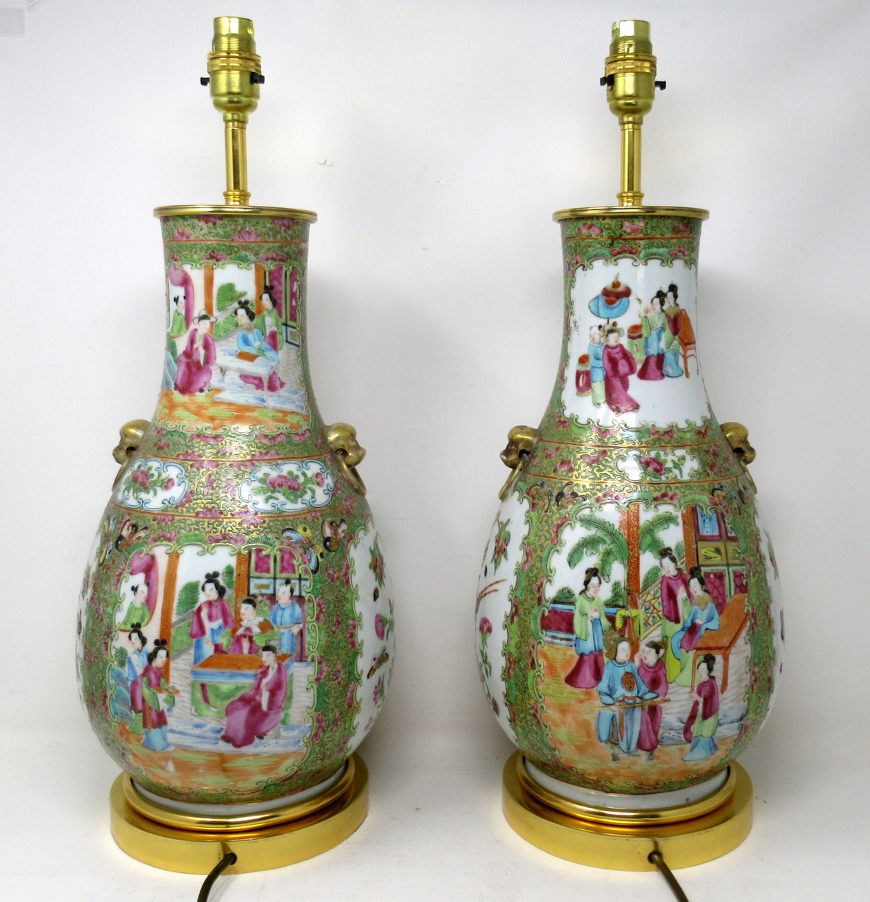 759. Antique Famille Rose Medallion Canton Cantonese Ormolu Chinese Table Lamps Pair - Image 4