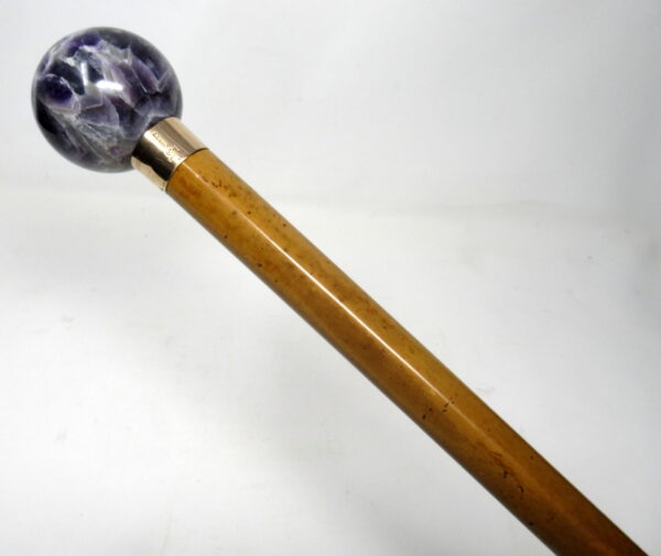 370. Brigg and Sons Walking Stick Cane Blue John Pommel 9ct Gold Collar London 1894