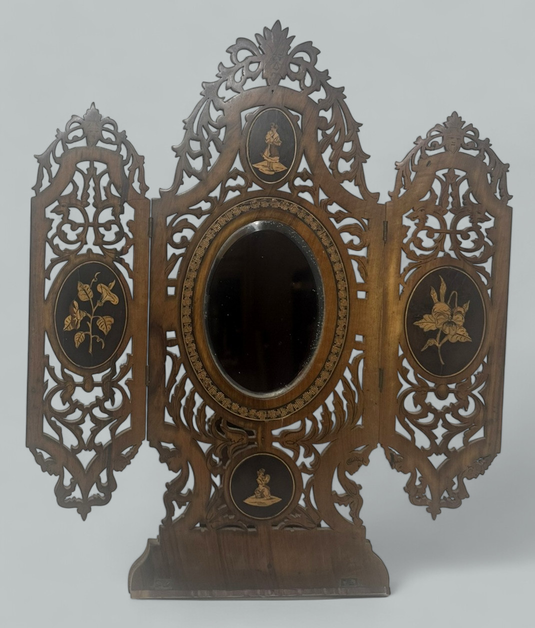 950. Antique Italian Triptych Sorrento Ware Walnut Crutch Oval Folding Mirror 19th Ct - Image 2