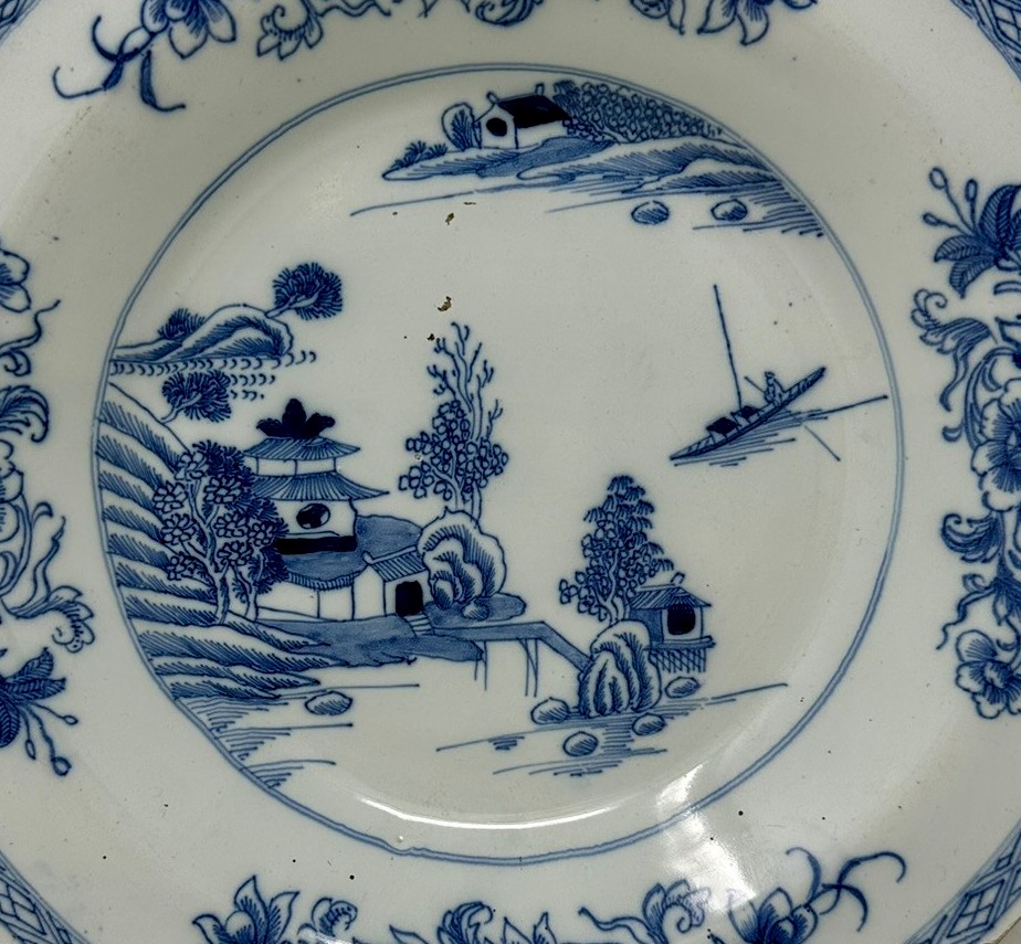 875. Antique Irish Dublin Delftware Blue White Chargers Plates Delamain Ireland Pair - Image 4