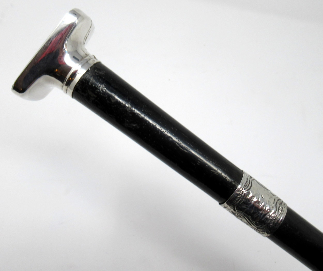 406. Fine Ladies Ebonized Swagger Stick with Unusual Continental Silver Grip 19thCt - Image 2