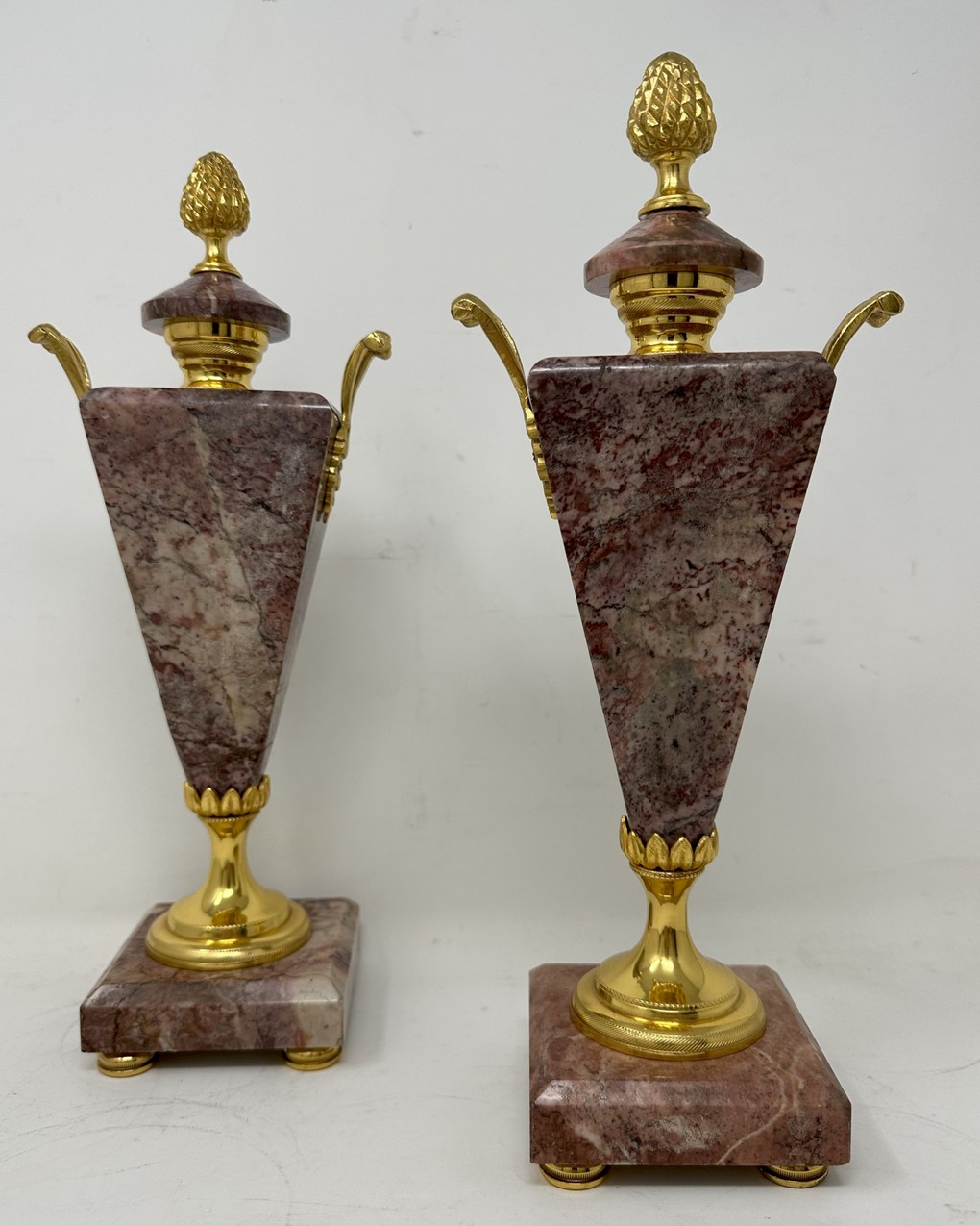 387. Antique Pair French Breche Violet Marble Gilt Bronze Ormolu Urns Vases 19th Century