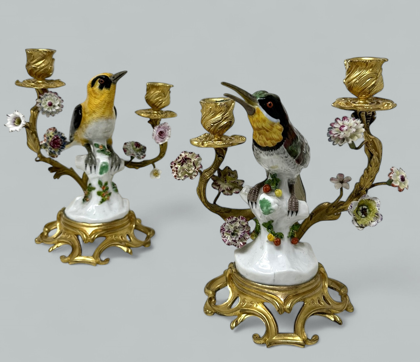 101. Antique Pair French Ormolu Gilt Porcelain Birds Candlesticks Candelabra Samson