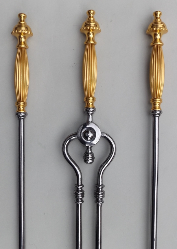 832. Fine Set Burnished Steel Fire Tools Gold Plated Handles Circa 1860 - Image 2