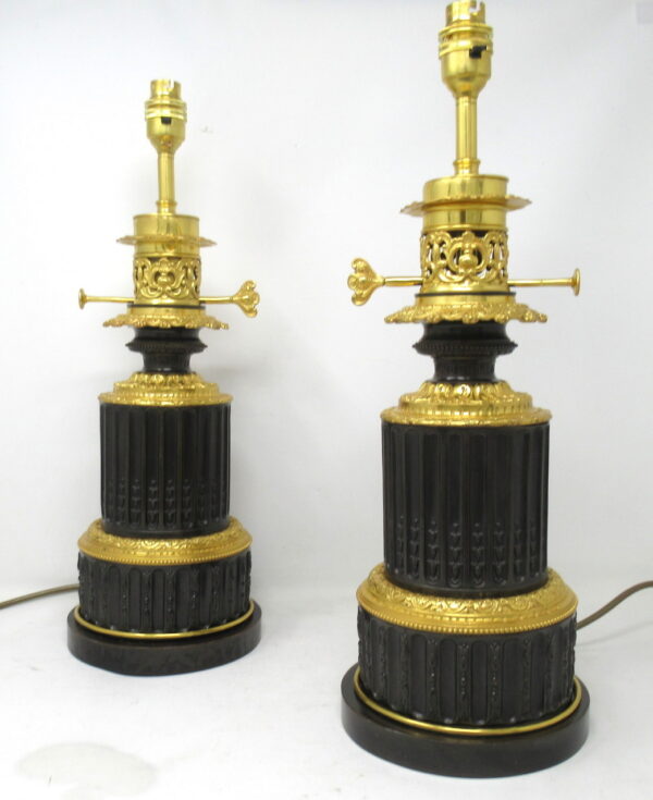 766. Antique Pair French Gilt Bronze Electric Table Lamps Ormolu Mounts 19th Century