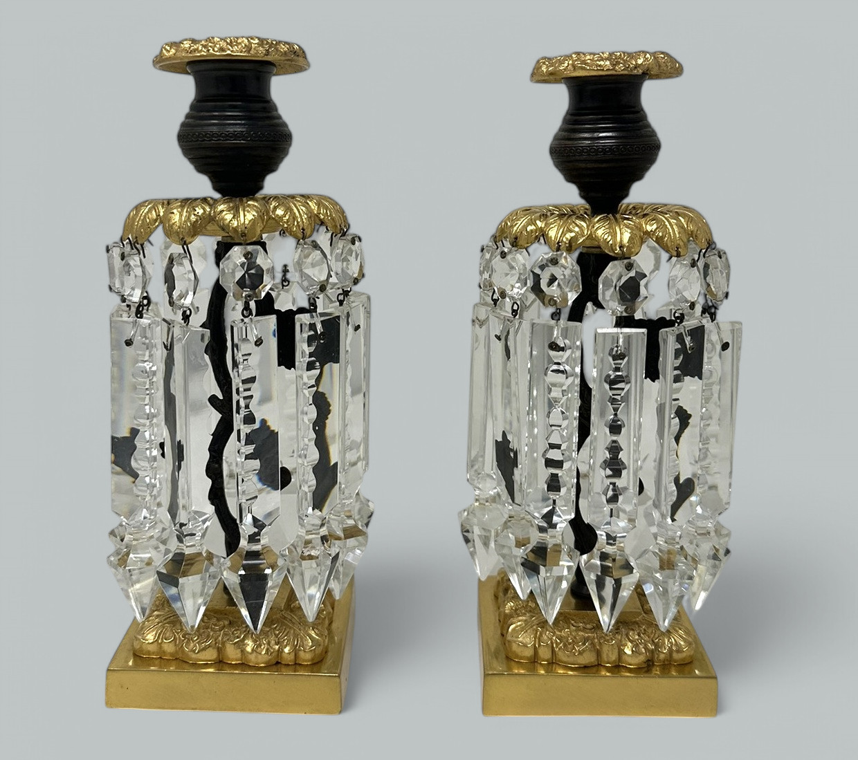 197. Pair English Regency Ormolu Bronze Crystal Lusters Candlesticks Candelabra 19Ct - Image 3