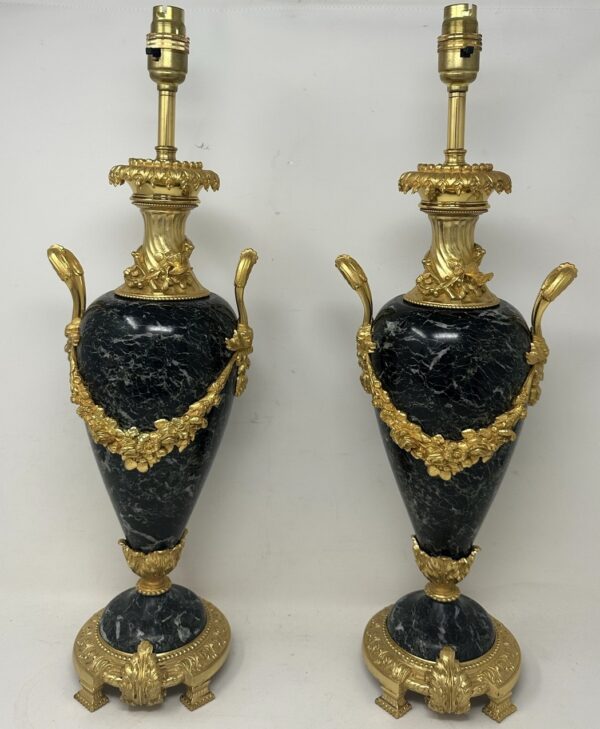 516. Antique Pair French Green Verde Marble Ormolu Dore Bronze Electric Table Lamps