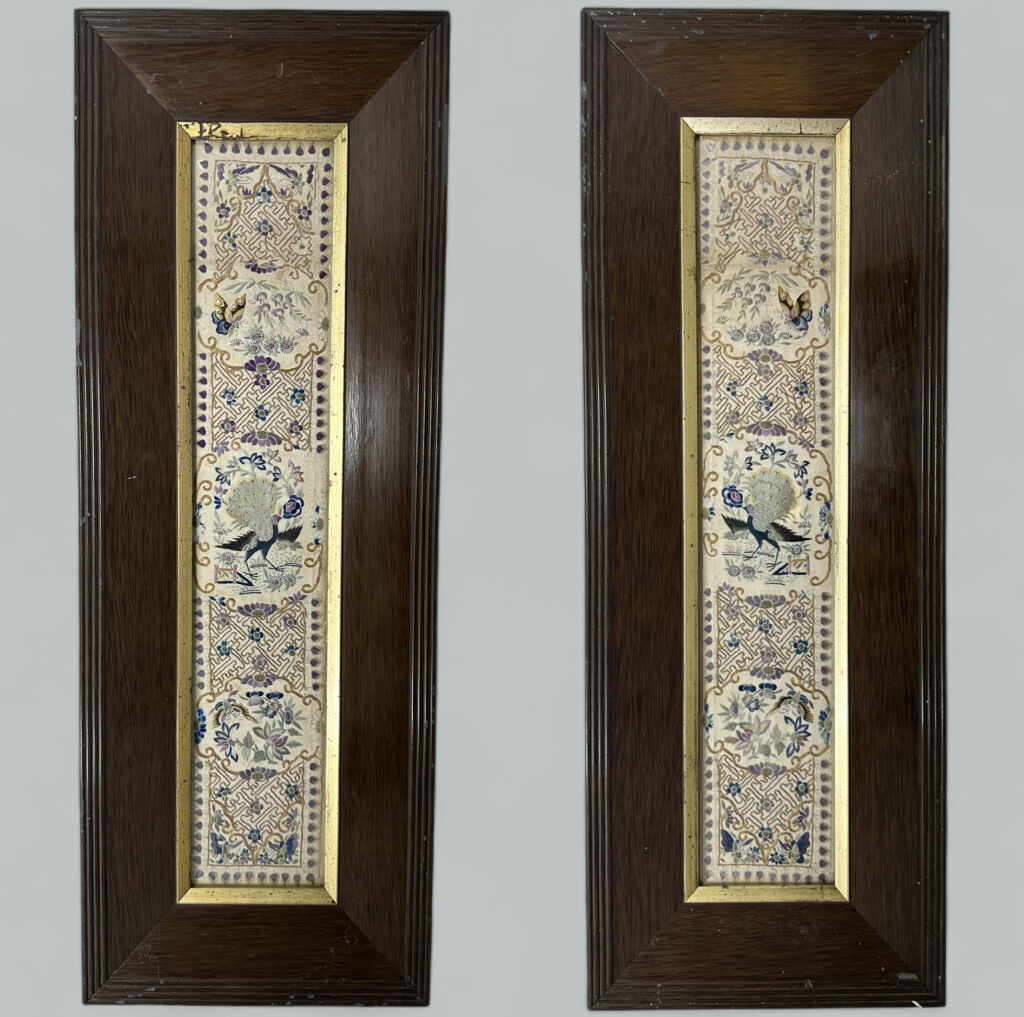407. Antique Chinese Silk Embroidery Pair Wall Tapestries Plaque Peacocks Butterflies