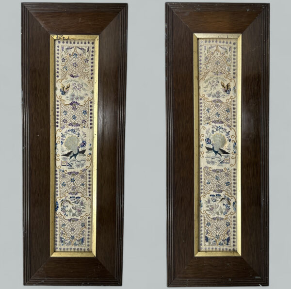 407. Antique Chinese Silk Embroidery Pair Wall Tapestries Plaque Peacocks Butterflies