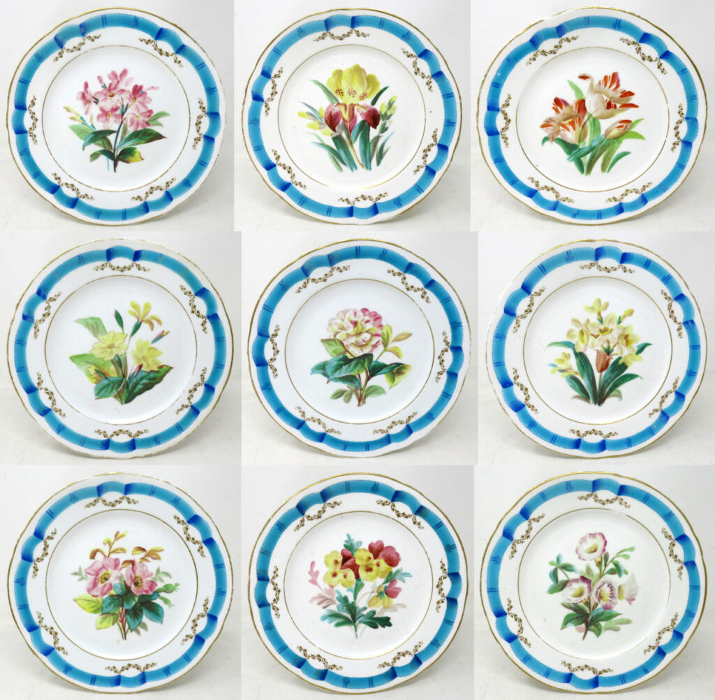 599. Antique Set French Paris Porcelain Gilt Cabinet Plates Still Life Flowers Fruit
