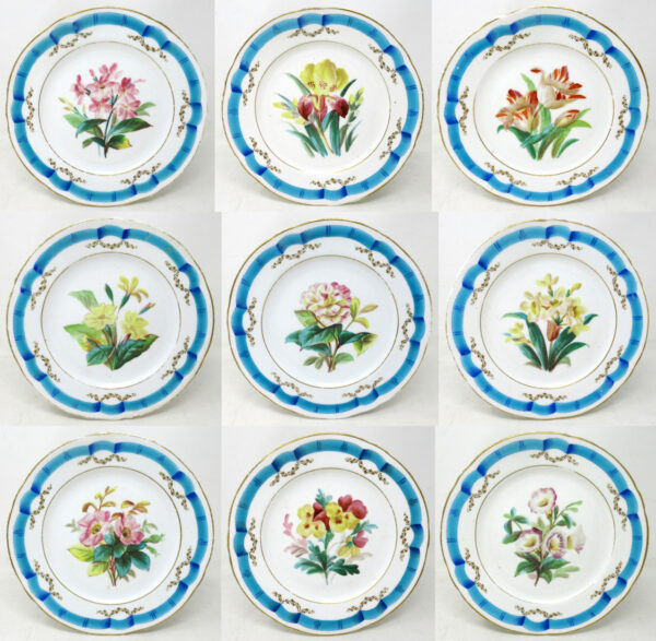 599. Antique Set French Paris Porcelain Gilt Cabinet Plates Still Life Flowers Fruit