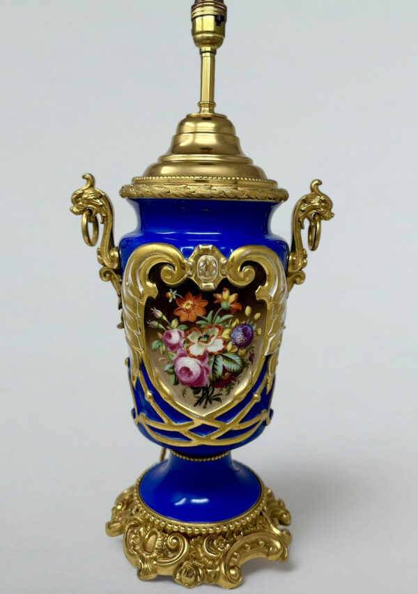 463. French Sèvres Porcelain Still Life Flowers Ormolu Cobalt Blue Table Lamp Bronze