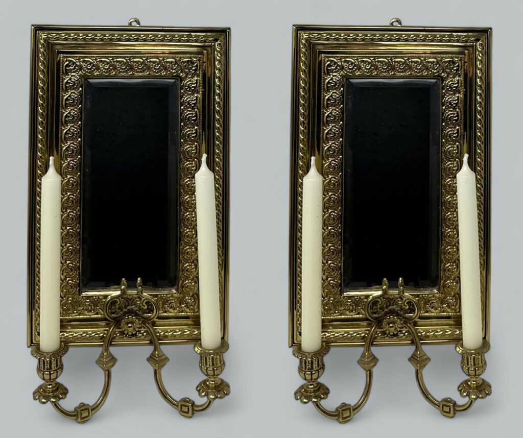 976. Antique Pair French Brass Girandole Wall Applique Sconces Mirrors Candlesticks