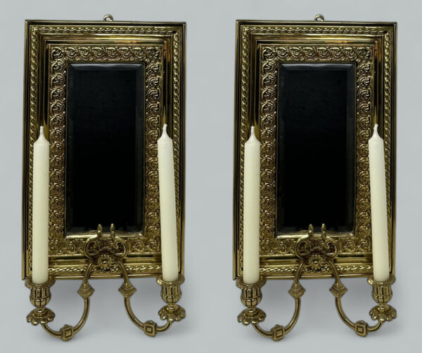 976. Antique Pair French Brass Girandole Wall Applique Sconces Mirrors Candlesticks