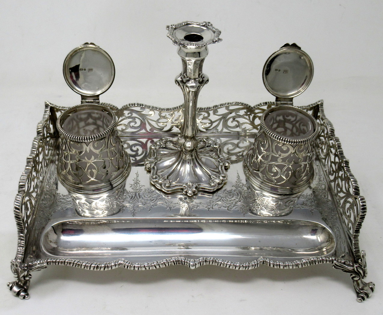 973. Antique Georgian English Sterling Silver Desk Inkstand Charles Thomas Fox 1853 - Image 4