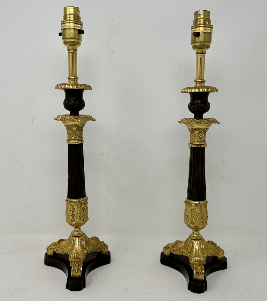077. Antique Pair of French Doré Bronze Neoclassical Ormolu Gilt Candlestick Lamps - Image 4