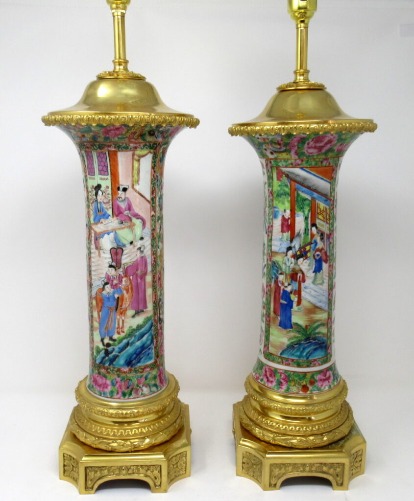 892. Stunning Pair Large Cantonese Hand Painted Table Lamps 19thCt