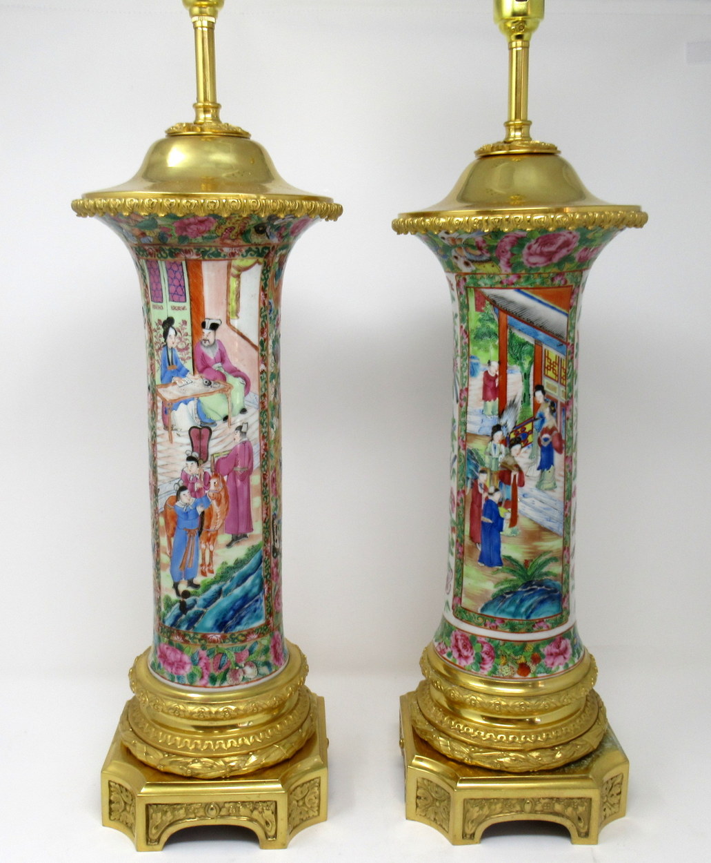 892. Stunning Pair Large Cantonese Hand Painted Table Lamps 19thCt